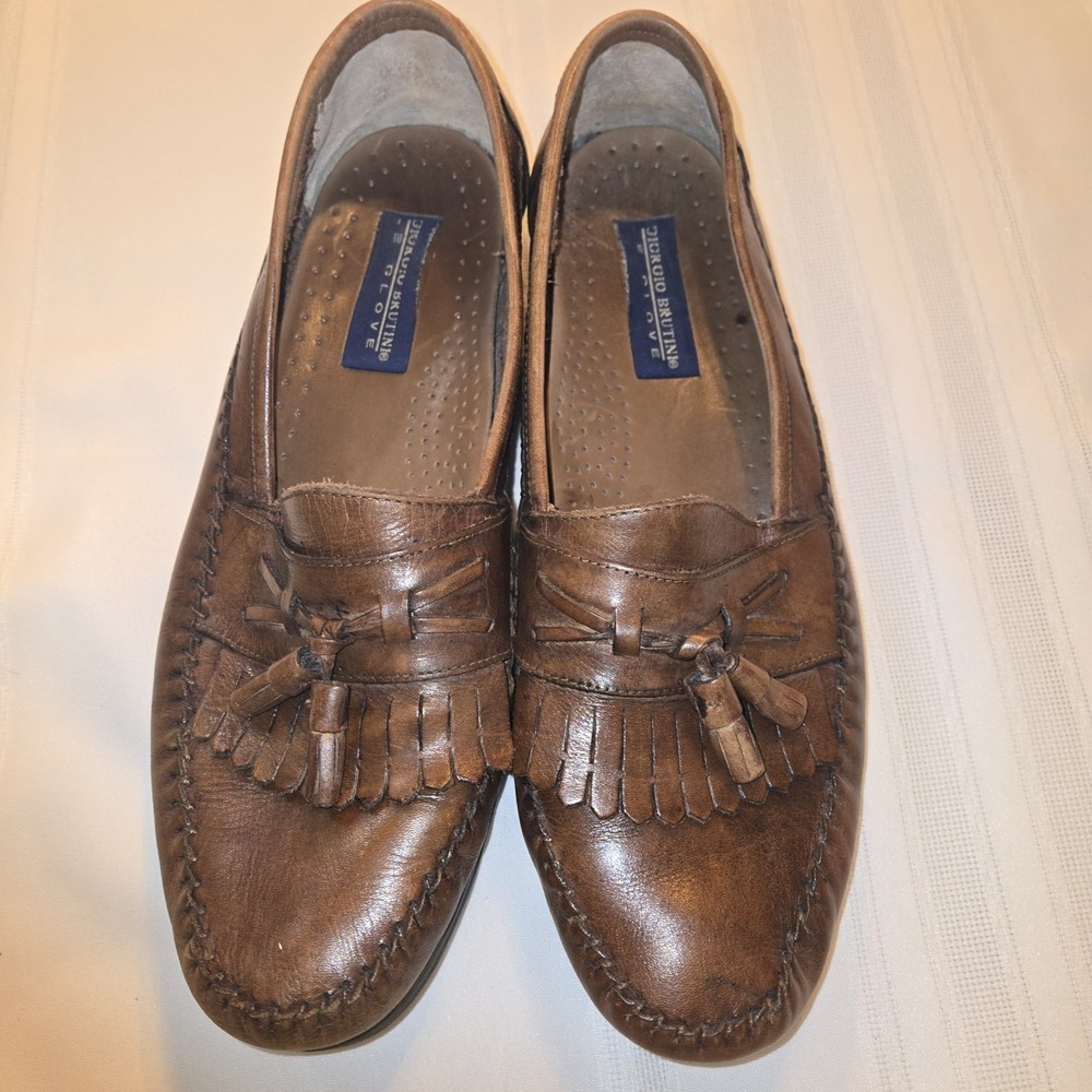 Giorgio Brutini Le Glove Gordy Brown Woven Leather Tassel Loafers Size 12